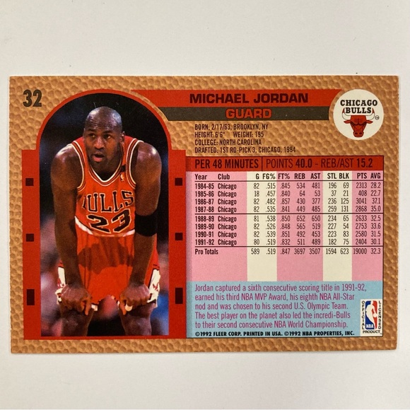 1992-93 Michael Jordan Fleer Basketball Card #32 Guard Chicago Bulls - Picture 6 of 12